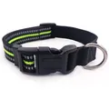 Detail view of adjustable black nylon dog collar with bright reflective green stripe and buckle - L / Pet Collar / Fluorescent Green