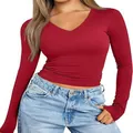 Detailed view of women's red V-neck long sleeve slim fit basic t-shirt with side ruching - Brick Red
