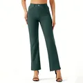 Front view of dark green straight-leg yoga pants with high-waisted elastic band - Green