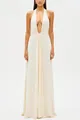 Elegant cream halter neck maxi dress with a deep plunge and draped waist detail - S / Dresses / Ivory