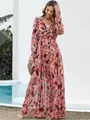 Elegant long-sleeved maxi dress with pink floral print and ruffled v-neckline. - S / Dresses / Dark Pink