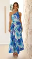 Full-length view of a one-shoulder blue floral maxi dress with pleated waist cutout - Blue