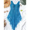 Vibrant blue bohemian crochet beach cover-up featuring tassel fringe and hollow knit - XS / Tops / Sky Blue