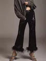 High-end black sequined flare trousers for women featuring luxury feather trim details - S / Bottoms / Black