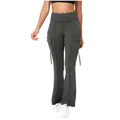 Detail of high-waisted flare yoga pants with cargo pockets in dark grey color - S / Bottoms / Dark Gray