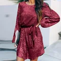 Detailed close-up of the burgundy sequin party mini dress with a velvet waist tie - S / Dresses / Burgundy