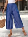 Stylish blue wide-leg cropped pants with side pockets and elastic waist for summer. - S / Bottoms / Blue