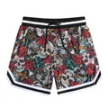 Close-up detail of men's breathable mesh sports shorts with vintage skull and rose pattern - S / Bottoms / Camouflage Skull