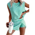Detailed view of women's mint green sleeveless top and skort casual two-piece set - S / Top And Bottom / Verdant