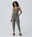 Front full-length view of women's casual grey sleeveless jumpsuit with cuffed ankles - S / Gray