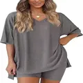 Close-up of women's grey V-neck lounge set with loose top and tight shorts - S / Top And Bottom / Dark Gray