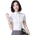 Slim fit white short-sleeved blouse for women, elegant professional office attire style. - 38 / Tops / T-Shirts / White