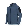 Close-up detail of a blue hooded sports jacket featuring a black sleeve utility pocket - S / Tops / Blue