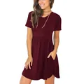 Lässiges weinrotes Damen-Kurzarmkleid mit Rundhalsausschnitt und praktischen Taschen - XL / Kleider / Burgunderrot
