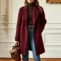 Stylish burgundy mid-length woolen coat with elegant lapel collar for women - S / Tops / Burgundy