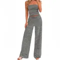 Casual two-piece set featuring striped bandeau top and matching wide-leg trousers. - S / Top And Bottom / Black & Gray Stripes