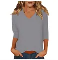 Casual women's grey V-neck T-shirt with 3/4 sleeves featured on a model pose - S / Tops / Light Gray