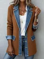 Close-up detail of women's brown ribbed knit jacket with stylish blue denim patchwork. - 3XL / Tops / Khaki Denim Wash