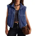 Detail view of a blue washed denim vest for women featuring a functional front zipper. - S / Tops / Dark Blue