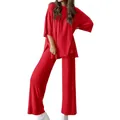 Casual red two-piece set for women featuring loose short sleeve top and wide pants - Red