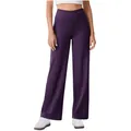 Detailed view of high-waisted purple yoga pants featuring a straight leg fit and side pockets. - Purple