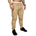 Men's khaki multi-pocket cargo joggers for outdoor fitness and everyday casual wear. - M / Bottoms / Khaki