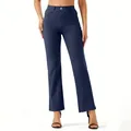 Front view detail of women's navy blue straight-leg leisure trousers for work or yoga - Navy Blue
