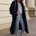Elegant long navy wool-blend coat for women, perfect for stylish winter street wear - M / Tops / Black
