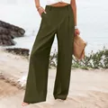 Pantalon large élégant à taille haute vert olive pour femme sur une plage en été. - S / Bas (1216#) / Vert Militaire
