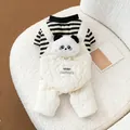 Detailed view of white quilted dog overalls featuring a 3D plush panda head and striped tee. - S / Off White