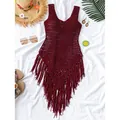 Burgundy crochet beach cover-up with bohemian hollow knit and fringe hem - Burgundy
