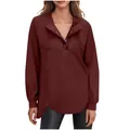 Casual bordeauxrode henley-sweater met lange mouwen en knoopdetails voor dames - Bordeauxrood