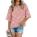 Women's pink paisley print oversized round neck T-shirt with trendy bell sleeves - S / Tops / Pink Paisley Print