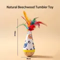 Natural beech wood cat tumbler toy with colorful feathers and cute bear pattern 18cm - Multi-colored Feather