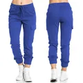 Front and back view of blue cargo joggers with drawstring waist and side pockets. - S / Bottoms / Royal Blue