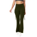 Model wearing olive green high-waisted flare yoga pants featuring functional cargo pockets - S / Bottoms / Army Green