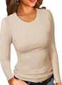 Maglia donna a maniche lunghe in cotone a coste beige con scollo rotondo e aderente - Taglia S / Top / Marrone Beige