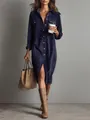 Robe chemise classique en velours côtelé bleu marine à manches longues et boutonnage - Bleu marine