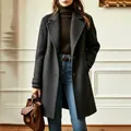 Elegant charcoal gray wool-like mid-length coat for women styled with a turtleneck. - 3XL / Tops / Gray