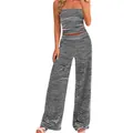 Detail of women's casual two-piece set featuring striped tube top and wide-leg pants - S / Top And Bottom / Black & White Stripes