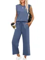Full body shot showing the fit and drape of the sleeveless top and wide-leg pants set - S / Top And Bottom / Sapphire Blue
