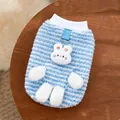 Close-up of cute blue striped pet fleece sweater with 3D cartoon rabbit and leash ring - S / Blue Rabbit