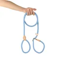 Close-up detail of light blue braided P-chain dog leash with durable leather joint - Fog Blue