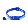 Detailed view of blue cat collar with bell, paw prints and cat head buckle - Cat Head Buckle Style / Blue