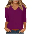 Detail view of purple women's V-neck t-shirt with comfortable 3/4 sleeves - Deep purple