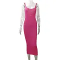 Detail view of a pink sleeveless knitted bodycon maxi dress on a clear mannequin - S / Dresses / Pink