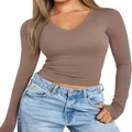 T-shirt da donna a maniche lunghe con scollo a V, vestibilità slim, colore marrone moka - XS / Top / Marrone