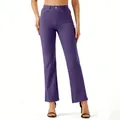 Detail view of women's purple straight-leg casual office pants with button detail - S / Bottoms / Purple