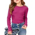 Detail of girls' long-sleeve ribbed T-shirt with stretch crew neck in vibrant magenta - S / Tops / Rose Red