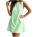 Close-up detail of a sleeveless green gingham dress with a classic crew neckline - Green